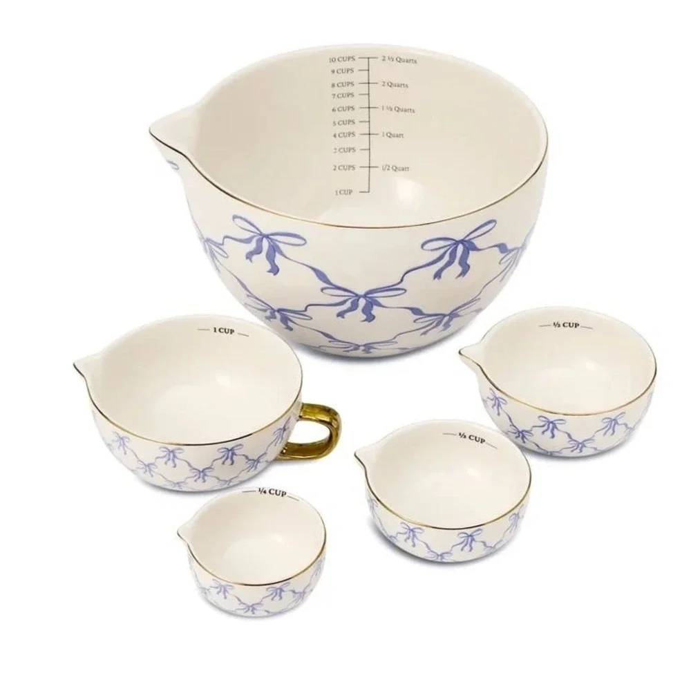 Thyme & Table Blue Bow 5-Piece Ceramic Mixing Bowl & Measuring Cup Set